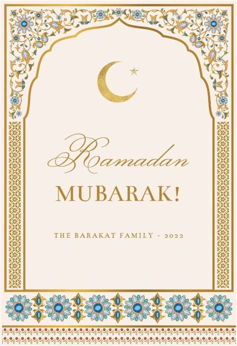 The Ramaan Mubarak Greeting Card Is Shown In Gold Blue And White