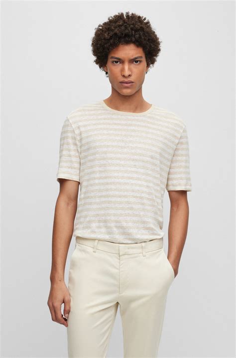 Boss Horizontal Striped T Shirt In Pure Linen