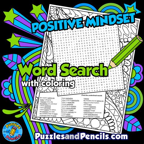 Positive Mindset Word Search Puzzle Activity Page With Coloring