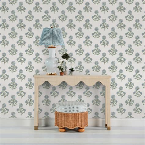 Flourish Block Print Mineral Blue Faux Grasscloth Peel and Stick Wallp
