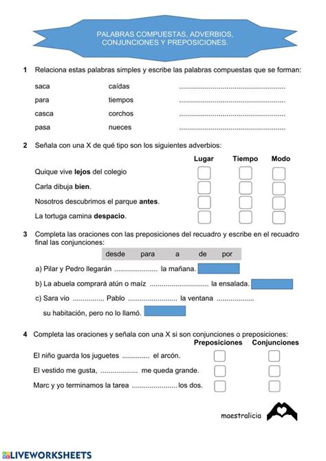 Palabras Compuestas Adverbios Preposiciones Y Conjunciones Worksheet Palabras Compuestas