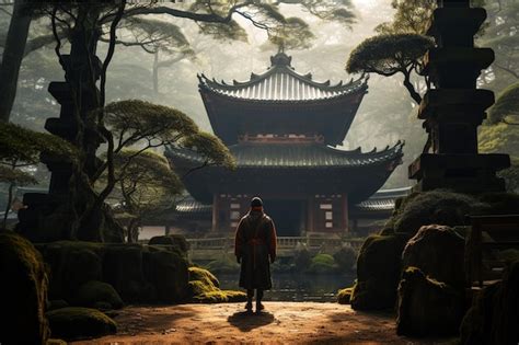 Premium AI Image | A samurai stands in front of a japanese temple