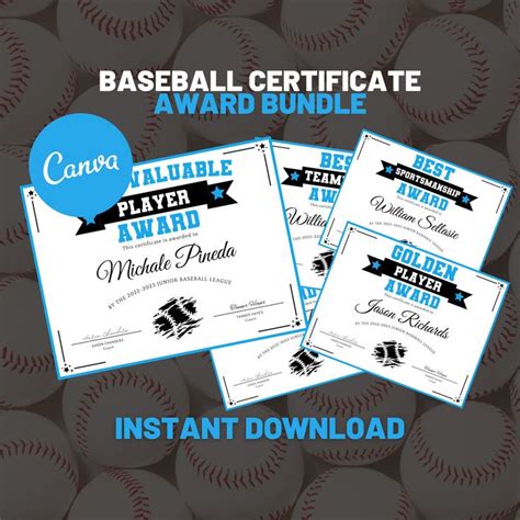 Three Baseball Certificates With The Words Instant Play Award In Blue