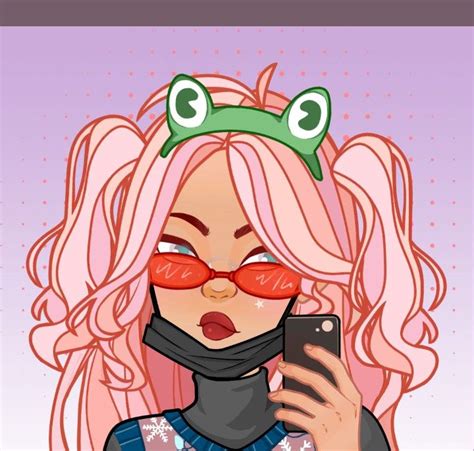 a woman with pink hair and red glasses holding a cell phone to her face while wearing a scarf ...