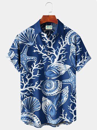 Royaura Beach Vacation Men S Blue Hawaiian Shirts Ocean Coral Starfish