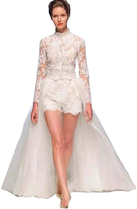 CY Lace Jumpsuit Short Wedding Dresses Detachable Train Sheer Long