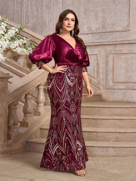 Shein Belle Plus Size Burgundy Luxury Beaded Splicing Stretch Sateen