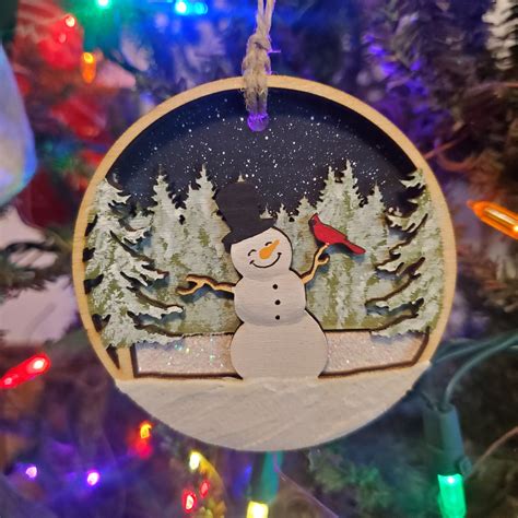 Hand Painted Wooden Ornament Snowman With Cardinal Adirondack