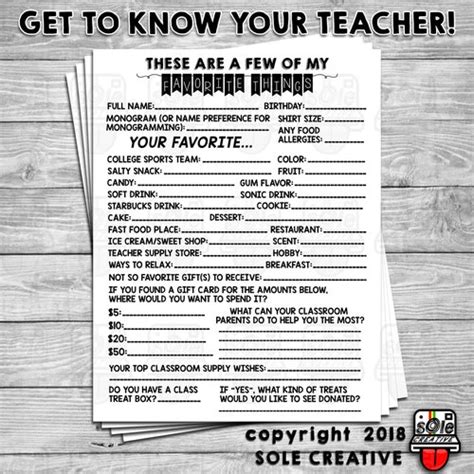 Teachers Favorite Things Printable Teacher Questionnaire Etsy