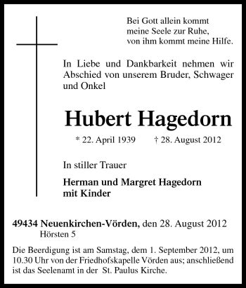 Traueranzeigen Von Hubert Hagedorn Noz Trauerportal