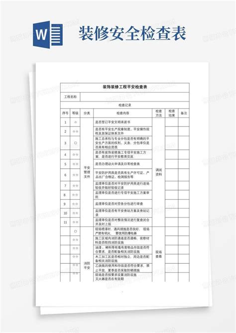 装修安全检查表 Word模板下载编号lmmdydzg熊猫办公