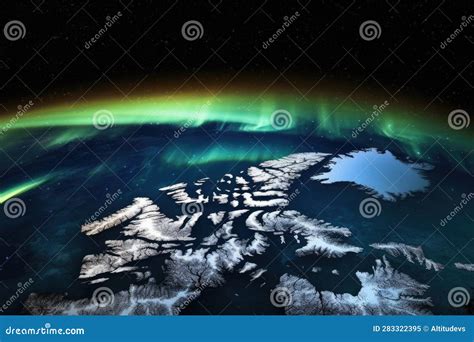 Satellite View of Bright Northern Lights Spectacle Stock Illustration ...