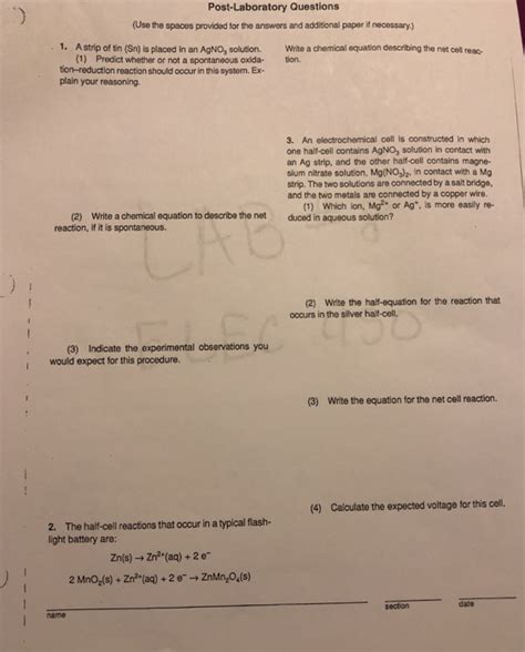 Solved Post Laboratory Questions Use The Spaces Provided Chegg