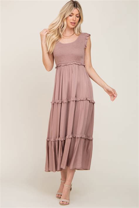 Taupe Smocked Ruffle Tier Maxi Dress Pinkblush