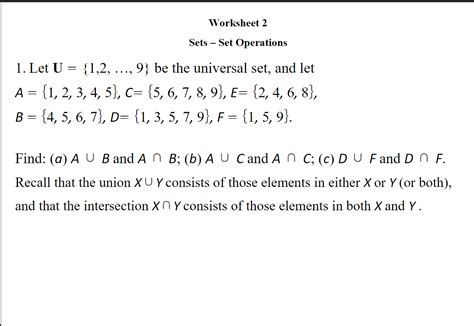 Solved Worksheet 2 Sets Set Operations 1 Let U 12