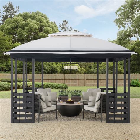 Sunjoy Outdoor Patio 11x13 White Black 2 Tier Steel Backyard Soft Top Gazebo With Ceiling Hook