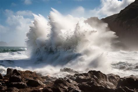 Tsunami Wave Crashing Into Rocky Seashore With Spray Flying In The Air