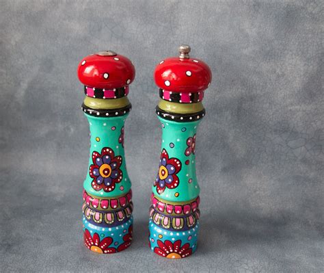 Hand Painted Pepper Mill And Salt Shaker Ooak Whimsical Flowers And Dots Painted Candlesticks