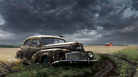 HD wallpaper: clouds, field, old car, vintage, farm, classic car, mode ...