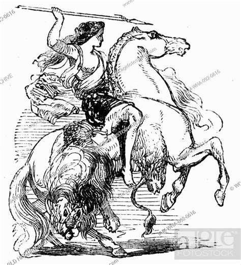 Illustration Depicting An Amazon Female Warrior On Horseback Stock