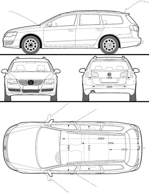 VW Cars VW Passat Volkswagen Passat Variant Wagon Blueprint Drawing