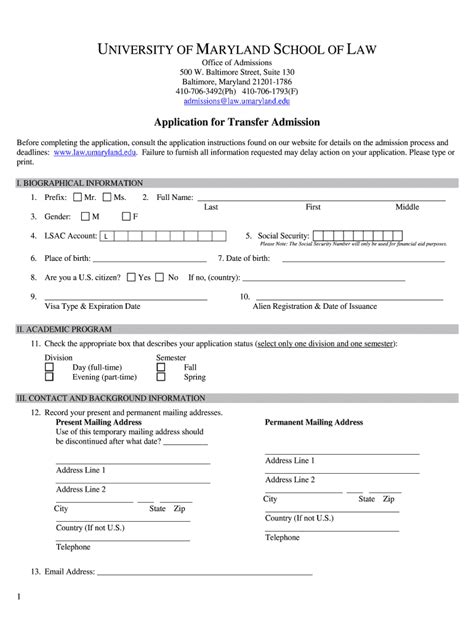 Fillable Online Law Umaryland Application For Transfer Admission