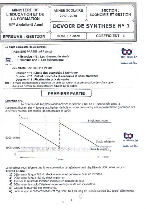 Tunitests TN Devoir De Synthese N1 Bac Economie Et Gestion M Abdellatif