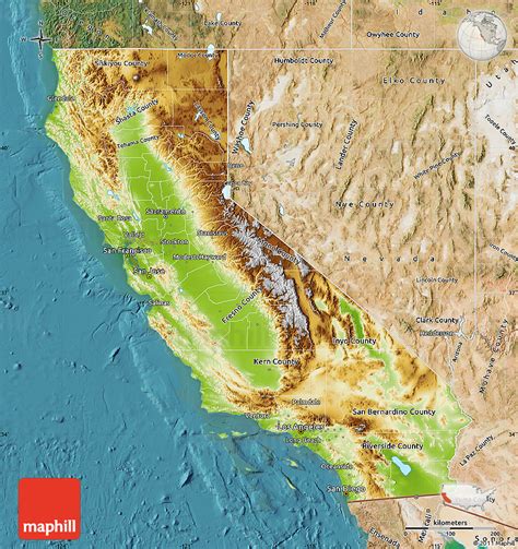 Physical Map of California, satellite outside