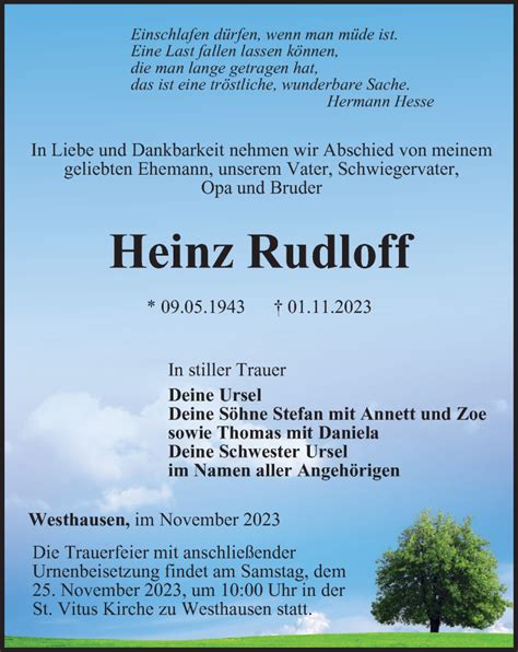 Traueranzeigen Von Heinz Rudloff Trauer In Thueringen De