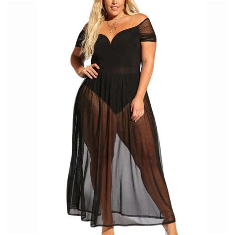 Plus Size Woman Mesh Dress Night Club Maxi Dresses Big Size Off