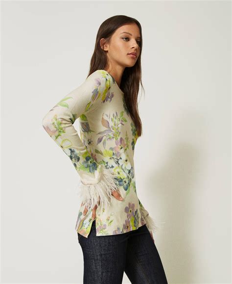 Jumper With Floral Print And Feathers Woman Patterned Twinset Milano