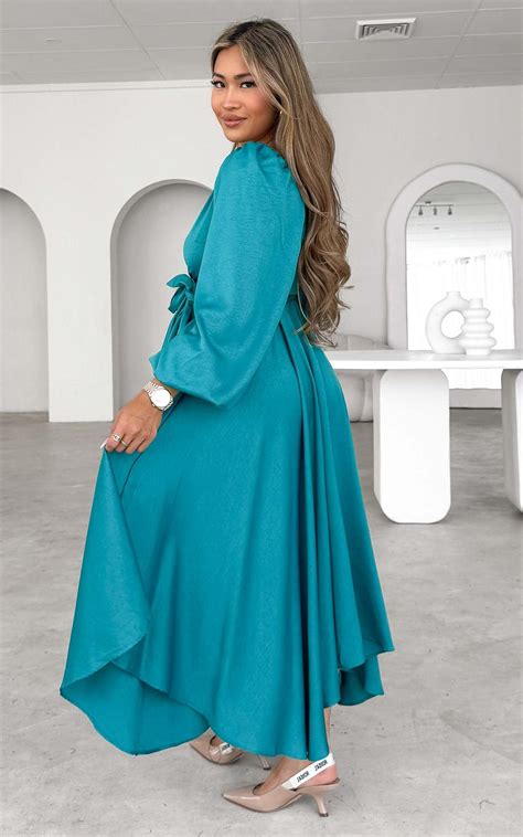 Rossetti V Neck Long Balloon Sleeve Wrap Maxi Dress Teal Blue By Amica