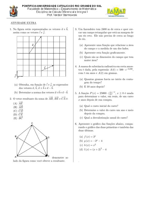 Exercícios sobre vetores, exponenciais e funções - alguns exercícios - Docsity