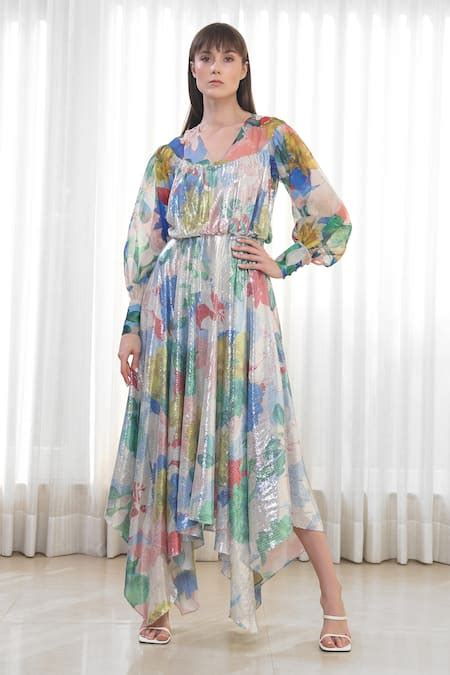 Buy Multi Color Organza Printed Hibiscus V Neck High Low Dress For