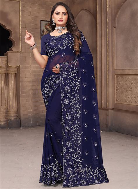 Buy Navy Blue Georgette Wedding Wear Resham Work Saree Online From