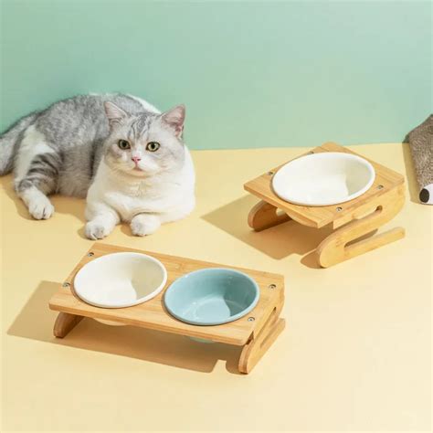 Cuenco De Cer Mica Para Gatos Con Soporte De Madera Comederos De Agua Y