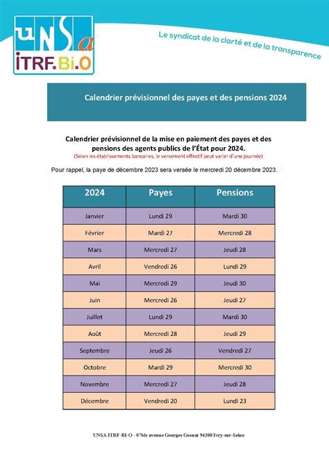 Calendrier Payes Et Pensions Unsa Itrf Bi O Le Syndicat De La