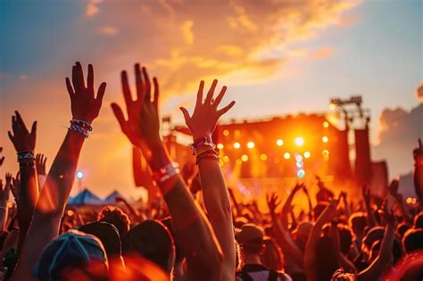 Premium Photo Crowded Concert With Uplifted Hands Against A Sunset Sky