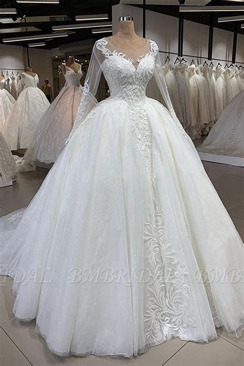 Bmbridal Gorgeous Jewel Longsleeves Lace Wedding Dresses A Line Tulle