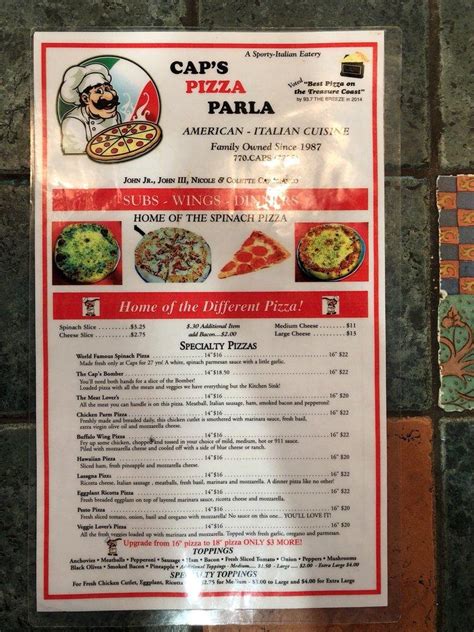 Menu at Cap's Pizza pizzeria, Vero Beach