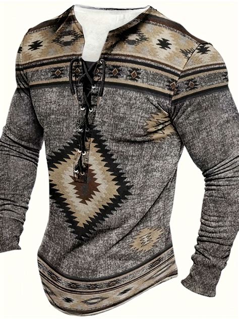 Retro Ethnic Style Pattern Men's Long Sleeve Henley Tee With Drawstring ...