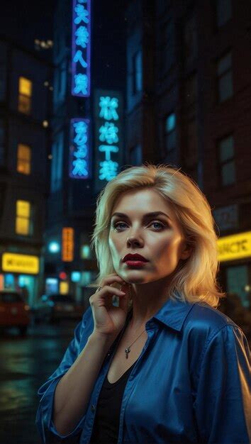 Blonde Detective Aiming Gun In Neonlit Urban Alley At Night Premium Ai Generated Image