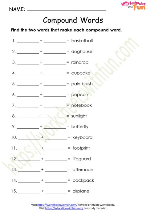 English Class 1 Compound Words Worksheet 1 Wwf