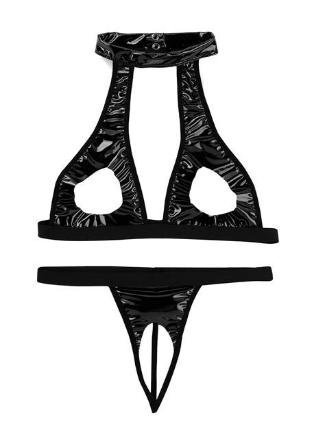 Uaang Womens Open Crotch Lingerie Set Sexy Underwear Wetlook Faux