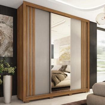 Guarda Roupa Casal Portas Espelho e Gavetas Moema Amêndola Touch Nude e Preto Prime