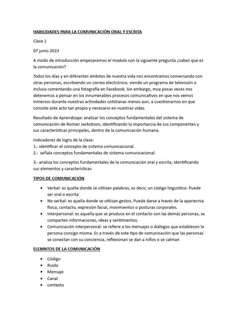 Habilidades Para La Comunicación Oral Y Escrita Pdf Comunicación Comunicación No Verbal