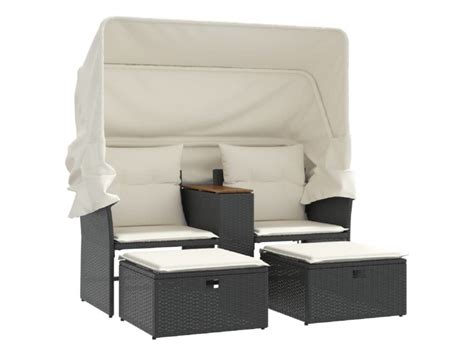 Canap De Jardin Places Avec Auvent Et Tabourets Noir Rotin Conforama