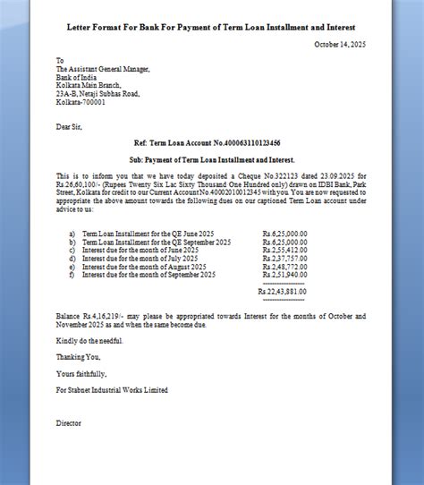 letter format  bank  payment  term loan installment  interest