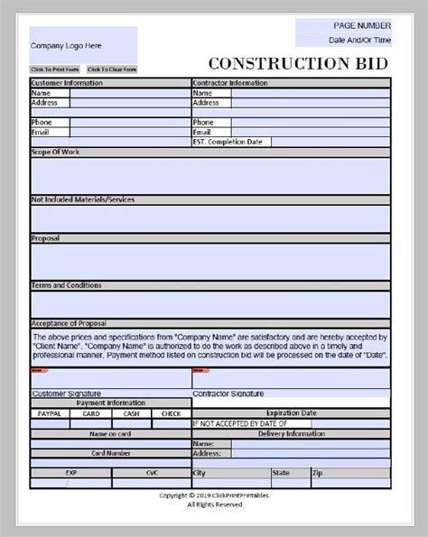 Construction Project Bid Proposal Form Template Simple Minimal Editable