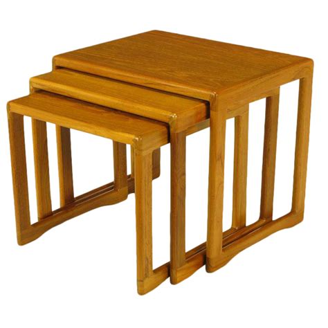 Three Teak Wood Sled Base Nesting Tables Chairish